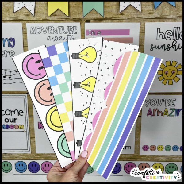 Bright Printable Bulletin Board Borders - Fanned out Shows the printable bulletin board borders fanned out in front of the bright and simple bulletin board
