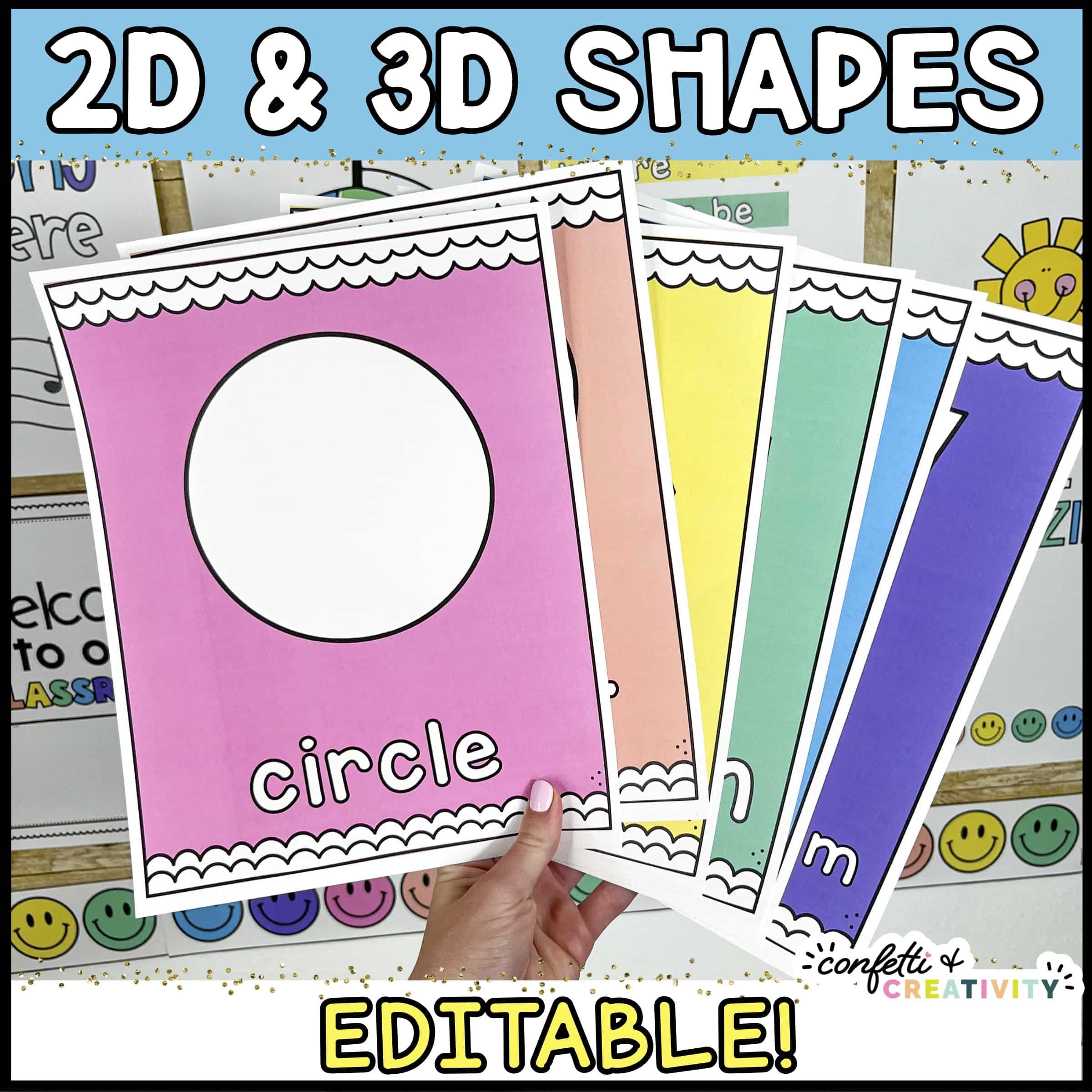 Shows a fanned out version of the bright 2D and 3D Shape posters with the bright and simple classroom decor in the background