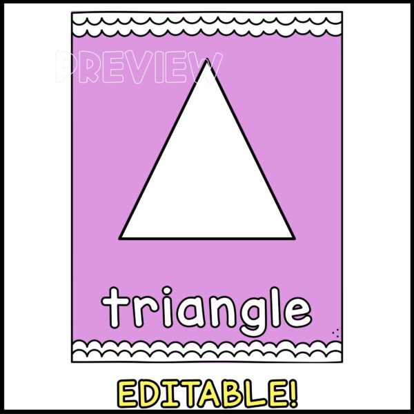 Bright Shape Posters -Triangle Example Shows an example pink poster with a triangle on it with the text "Editable" because it is text editable
