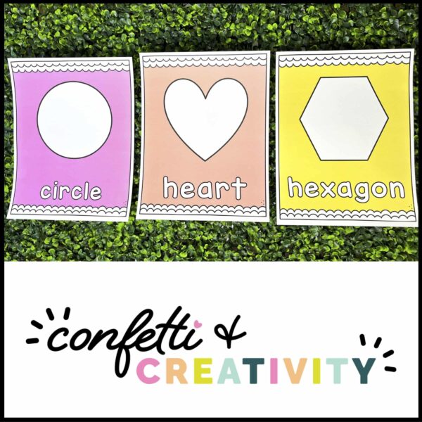 Bright Shape Posters - Example Posters Shows the circle, heart, and hexagon example posters laid out on a green grass panel