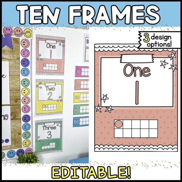 Shows a zoomed in version of the bright ten frame number 1. The poster is orange with stars on it