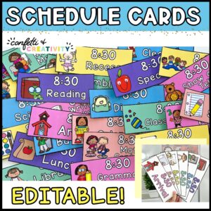 Shows all of the visual schedule cards laid out on top of each other. Features brightly colored backgrounds for each card along with clipart that goes along with each schedule item
