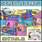 Shows all of the visual schedule cards laid out on top of each other. Features brightly colored backgrounds for each card along with clipart that goes along with each schedule item