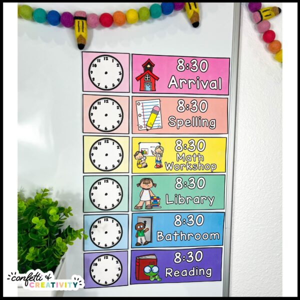Bright Visual Schedule Cards - Real Classroom Shows the visual schedule cards on a white board set up