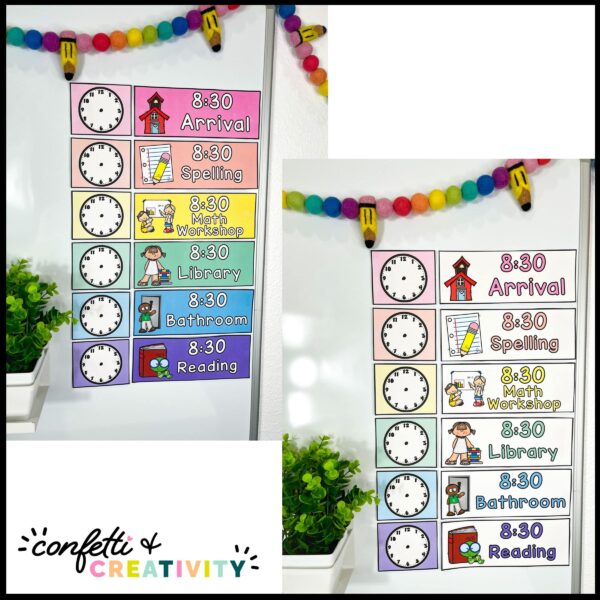Bright Visual Schedule Cards - Design Option Shows design options that include a bright colored background, or a white background with a brightly colored set of text and borders