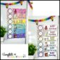 Shows design options that include a bright colored background, or a white background with a brightly colored set of text and borders