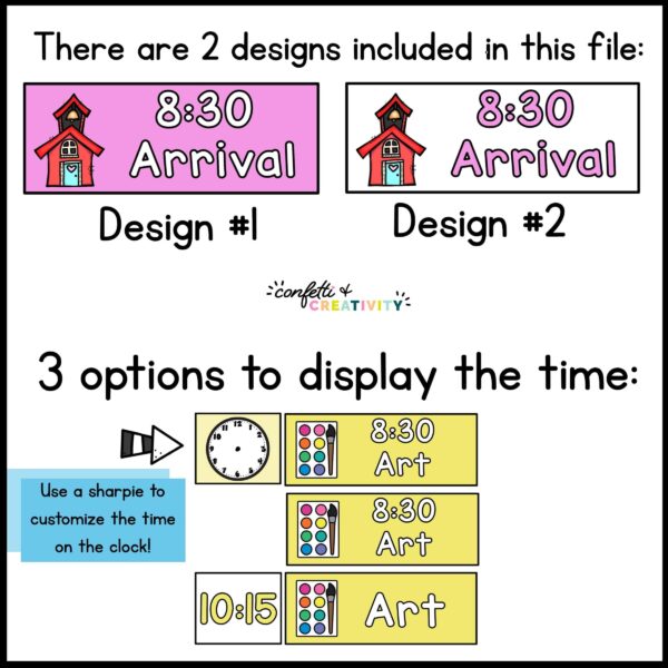 Bright Visual Schedule Cards - Design Options Shows design options for the cards, as well as set up options to show the time. Options to show time include the clock, an analog clock, or many other options