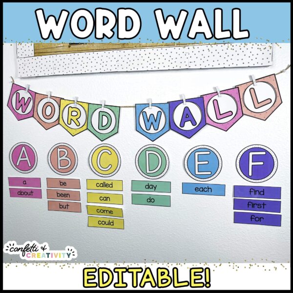 Shows the Word Wall banner set up with letters underneath and sight words below. All items are part of the bright and simple classroom theme