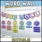 Shows the Word Wall banner set up with letters underneath and sight words below. All items are part of the bright and simple classroom theme