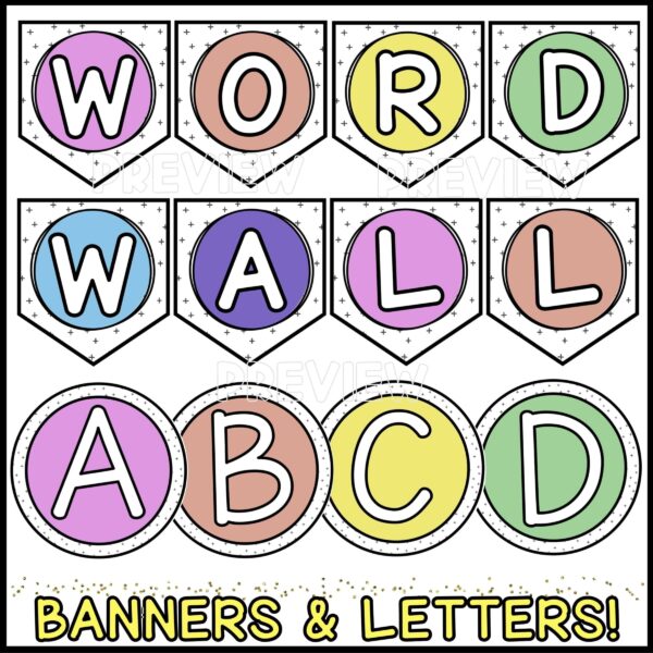 Bright Word Wall 2 Shows example word wall banners and letters A through D