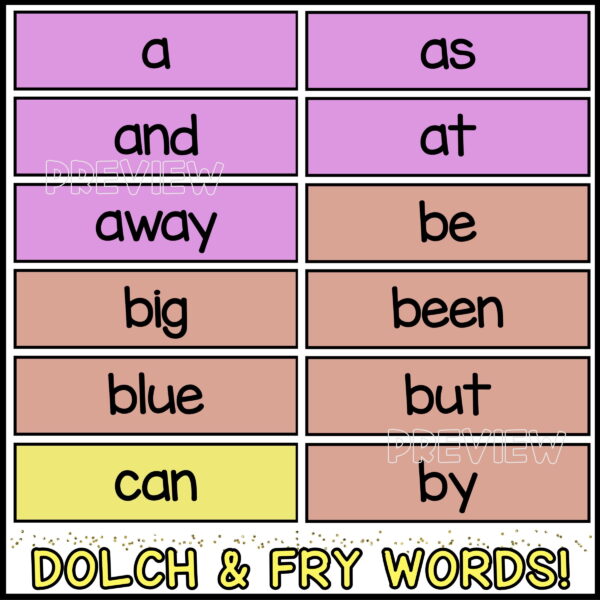 Bright Word Wall 3 Shows example sight words in a pink and orange
