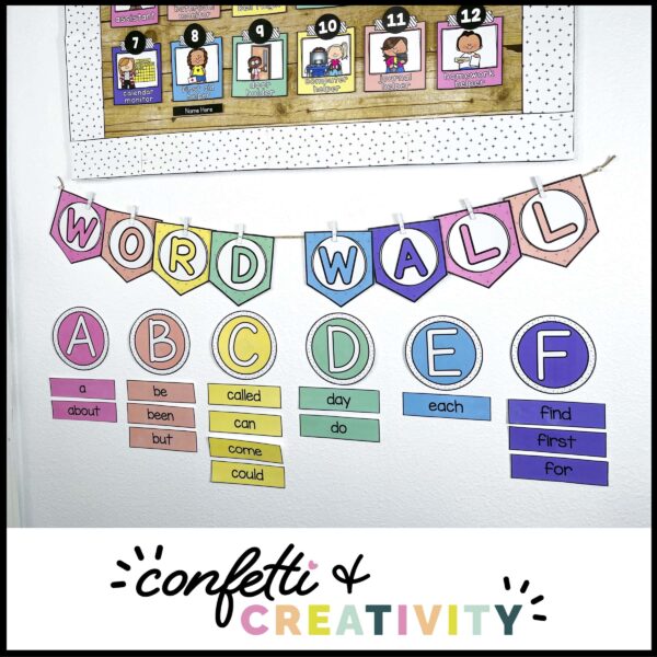 Bright Word Wall 4 Shows a side angle of the bright and simple classroom word wall