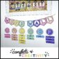 Shows a side angle of the bright and simple classroom word wall