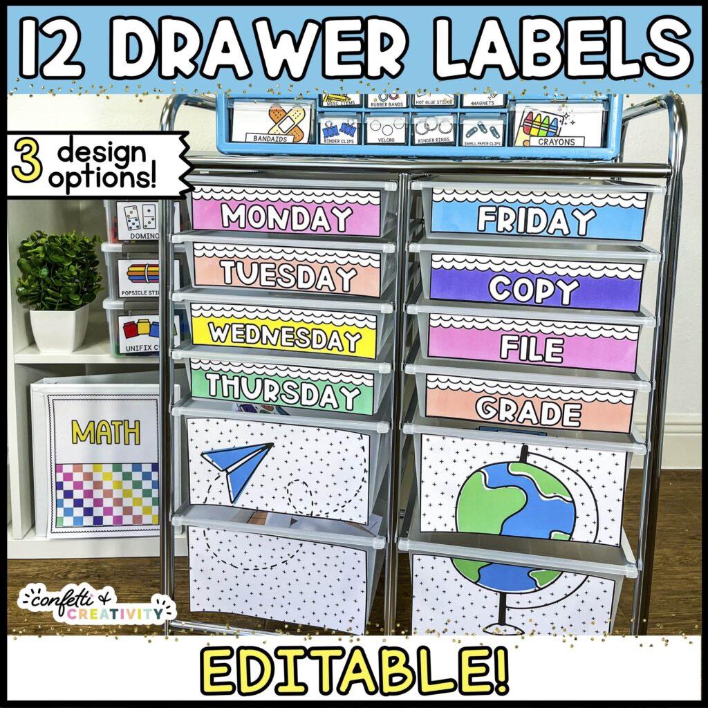 Shows the 12 drawer cart labels. The labels have very bright colored labels and school themed clipart on the bottom drawers