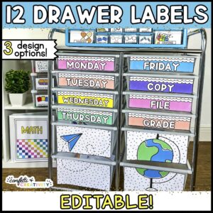 Shows the 12 drawer cart labels. The labels have very bright colored labels and school themed clipart on the bottom drawers
