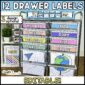 Shows the 12 drawer cart labels. The labels have very bright colored labels and school themed clipart on the bottom drawers