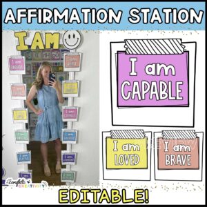 Shows Megan taking a selfie in an affirmation mirror. The labels on the side of the mirror are from the bright and simple classroom theme. On the right of the image it shows a close up of the affirmation "I am Capable" and so many more