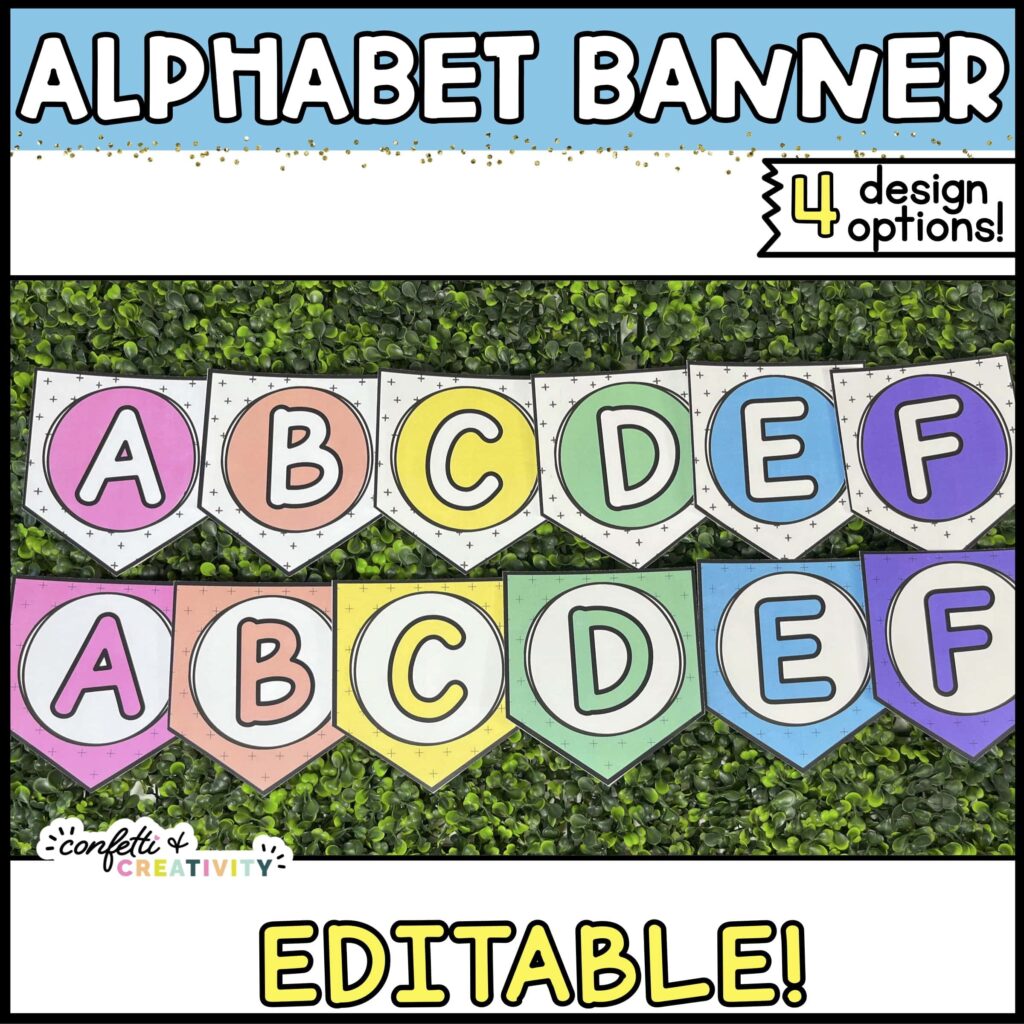 Shows the 2 different designs of bright alphabet posters