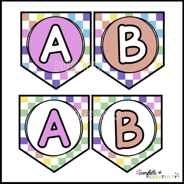Bright and Simple Alphabet Banner - Design Options Shows four different design options. Many of them show checkered board designs in a bright and simple colors