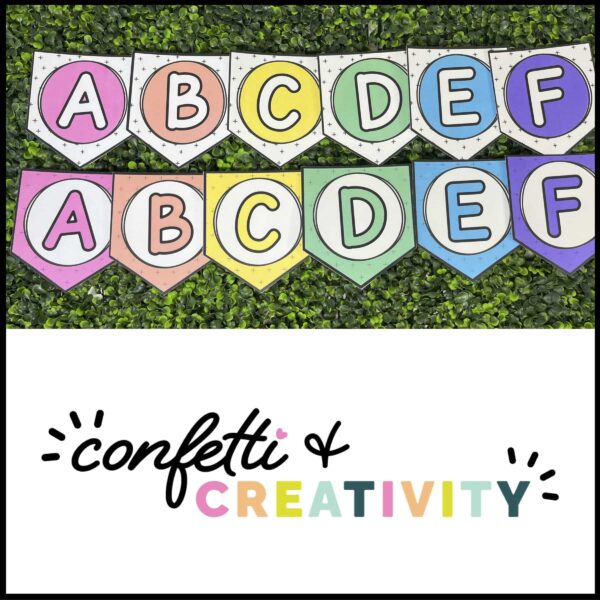Bright and Simple Alphabet Banner - A to F Shows the alphabet banner A to F in two different bright and simple alphabet banners. The banners are laid on a set of grass panels to highlight the bright colors