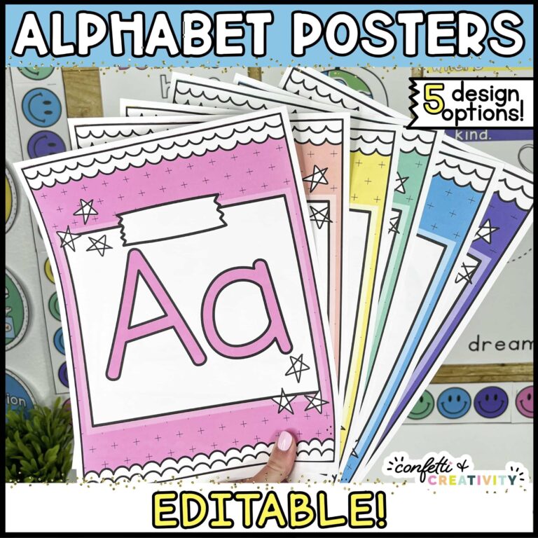 Shows the bright and simple alphabet posters fanned out in front of a decorated classroom