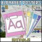 Shows the bright and simple alphabet posters fanned out in front of a decorated classroom