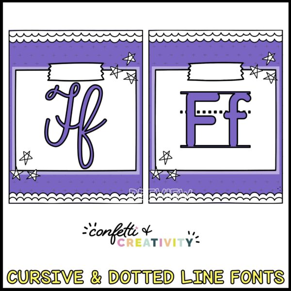 Bright and Simple Alphabet Posters - Font Options Shows the letter F alphabet posters. Each poster is purple. One poster has a dotted line font, and the other has a cursive font