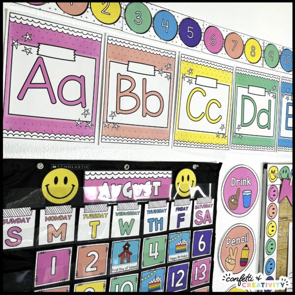 Bright and Simple Alphabet Posters - Classroom Wall Shows multiple alphabet posters on a decorated classroom wall