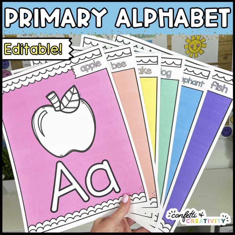 Shows multiple bright and simple classroom theme alphabet posters with pictures on them