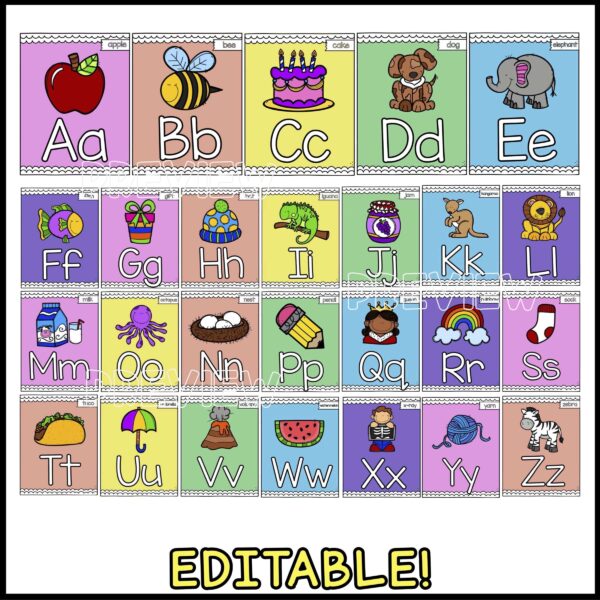 Bright and Simple Alphabet with Pictures - Full Alphabet Shows the full alphabet with pictures all in one photo. Every poster has colored clipart to go along with the sound of the alphabet