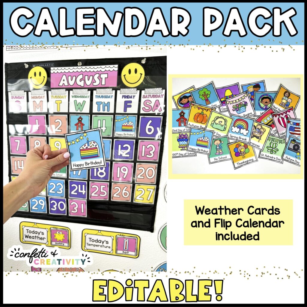 Shows the calendar pack in a black pocket chart. Includes an image of the holiday cards that are also included for the calendar pack