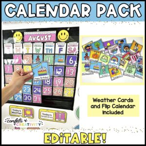 Shows the calendar pack in a black pocket chart. Includes an image of the holiday cards that are also included for the calendar pack
