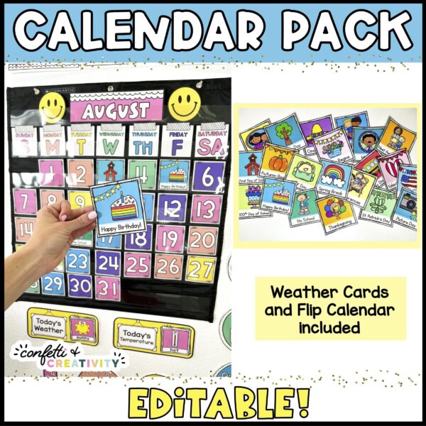 Shows the calendar pack in a black pocket chart. Includes an image of the holiday cards that are also included for the calendar pack