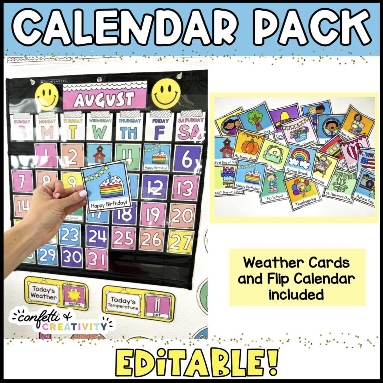 Shows the calendar pack in a black pocket chart. Includes an image of the holiday cards that are also included for the calendar pack