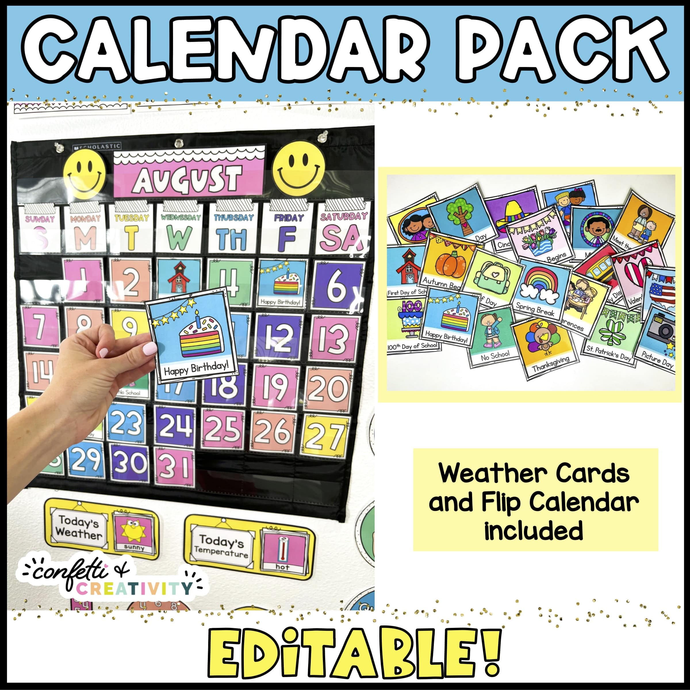 Shows the calendar pack in a black pocket chart. Includes an image of the holiday cards that are also included for the calendar pack
