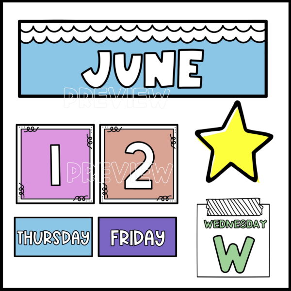 Bright and Simple Classroom Calendar - Individual pieces Shows a close up of parts of the calendar. Includes months, days, and clipart