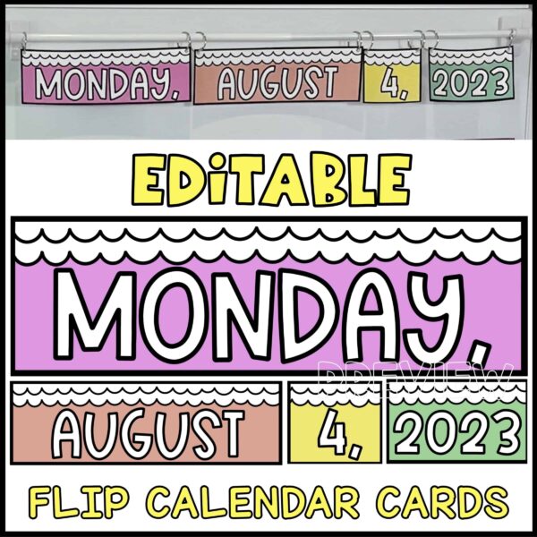 Bright and Simple Classroom Calendar - Flip Calendar Shows the full bright and simple flip calendar that's set up with the month, day, date, and year. All of these are set up on a white rod