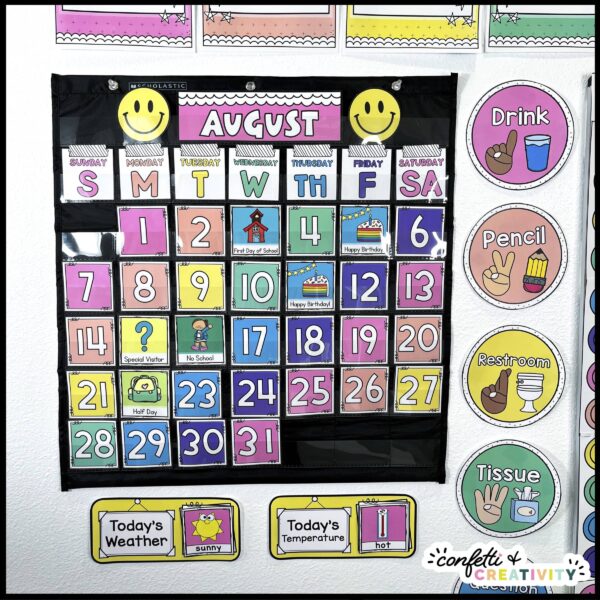 Bright and Simple Classroom Calendar - Real Classroom Shows the classroom calendar set up in a real classroom. The calendar cards are set up in a black pocket chart.