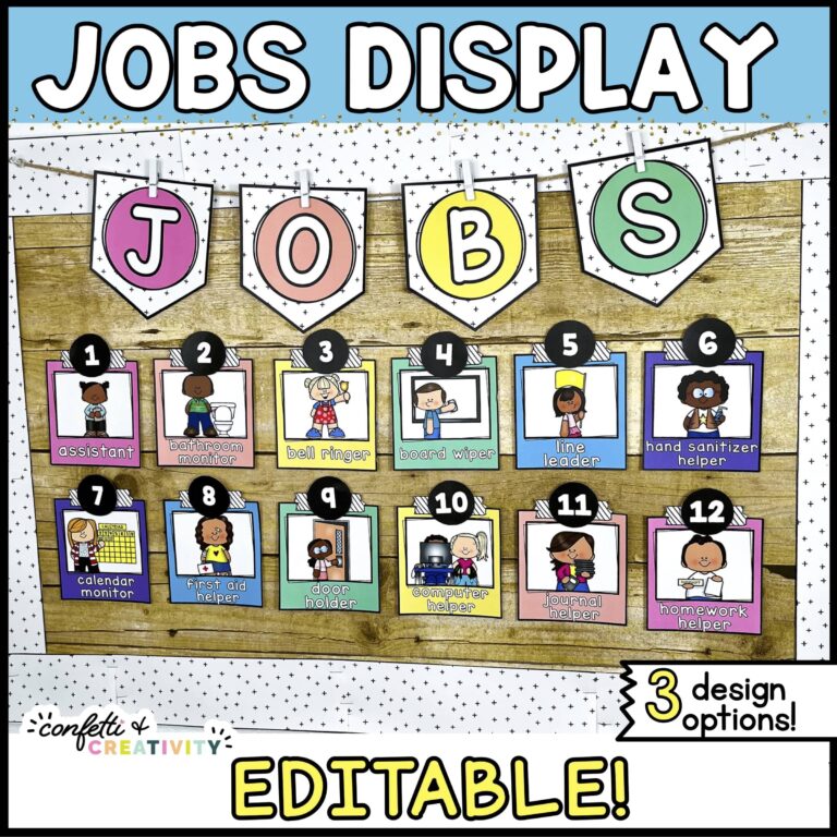 Shows a bulletin board set up with the classroom jobs from the bright and simple classroom theme. Includes a bright banner that says "jobs" as well as job cards with a numbering system