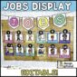 Shows a bulletin board set up with the classroom jobs from the bright and simple classroom theme. Includes a bright banner that says "jobs" as well as job cards with a numbering system