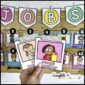 Shows two different examples of the job cards held in front of a bulletin board set up with the classroom jobs on it