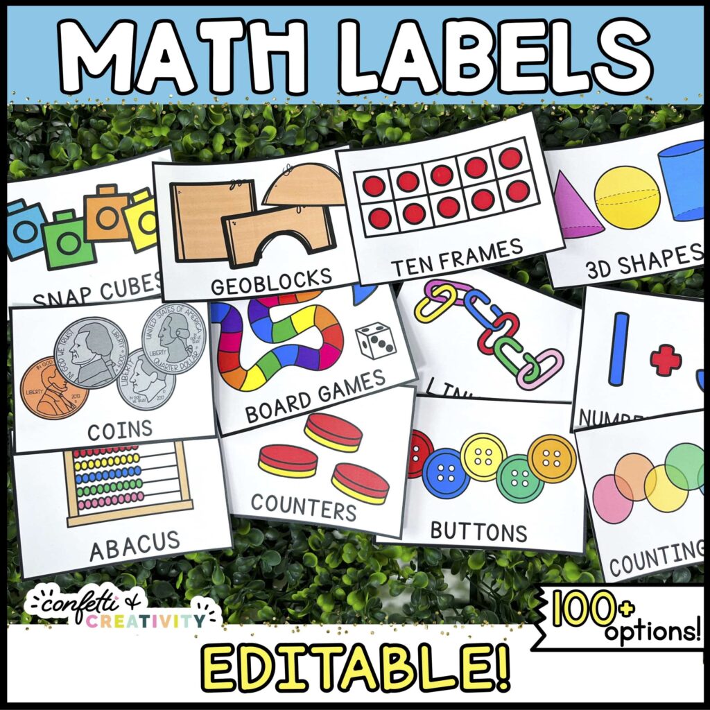 Shows multiple math labels laid out on a green grass panel. Has the text "Math Labels" at the top of the image