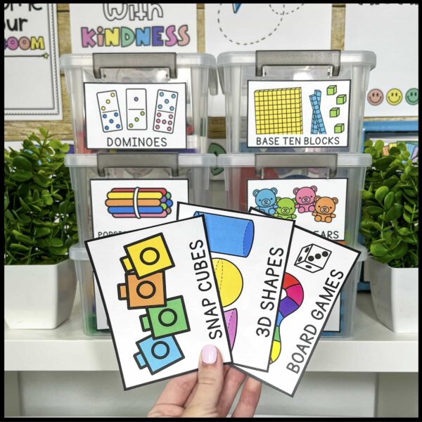 Bright and Simple Math Labels - Example Labels Shows multiple labels fanned out in front of containers in the background holding math labels