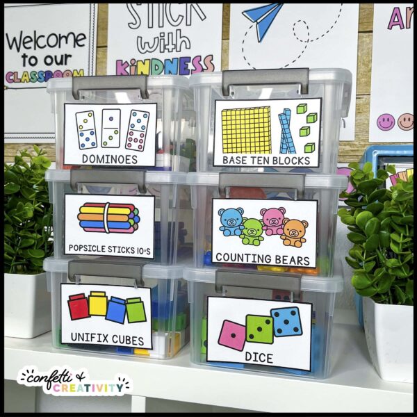 Bright and Simple Math Labels - Examples Shows multiple math labels set up on white containers