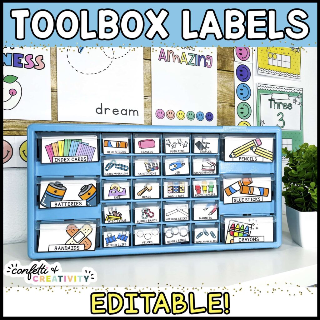 Shows a bright blue painted teacher toolbox with bright labels on them