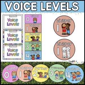 Shows the full set of voice level cards. On the right of the image shows black and white as well as color clipart options