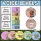Shows the full set of voice level cards. On the right of the image shows black and white as well as color clipart options