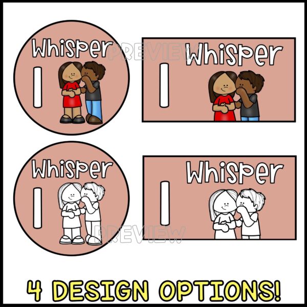 Bright and Simple Voice Levels - Design Options Shows multiple voice level cards options for the level 1 "whisper". Specifically shows rectangle and circle shaped options as well as colored and black and white clipart options