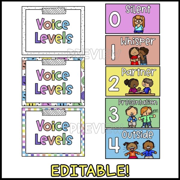 Bright and Simple Voice Levels - Full Set of Cards Shows the full set of cards laid on top of each other along with a zoomed in version of the header options