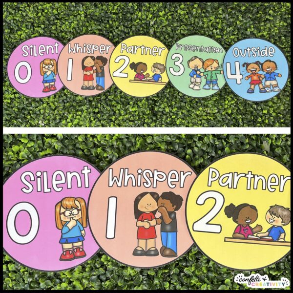 Bright and Simple Voice Levels - Cards on Grass Panel Shows the voice level cards with colored clipart laid out on a green grass panel. Each card has brightly colored background and color clipart